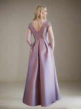 A-Line V-Neck Floor-Length Satin Mother of the Bride Dress with Beaded